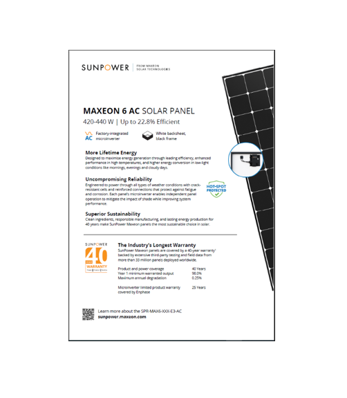 Datasheet: Maxeon 6 AC (420-440W) 40 Year Warranty - Pack of 50