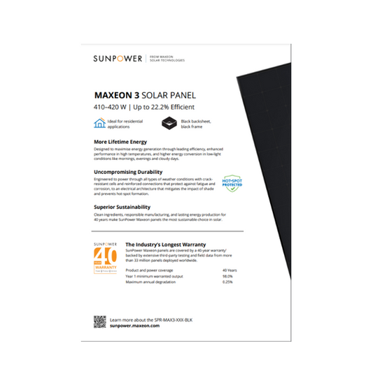 Datasheet: Maxeon 3 All Black (410-420W) 40 Year Warranty - Pack of 50